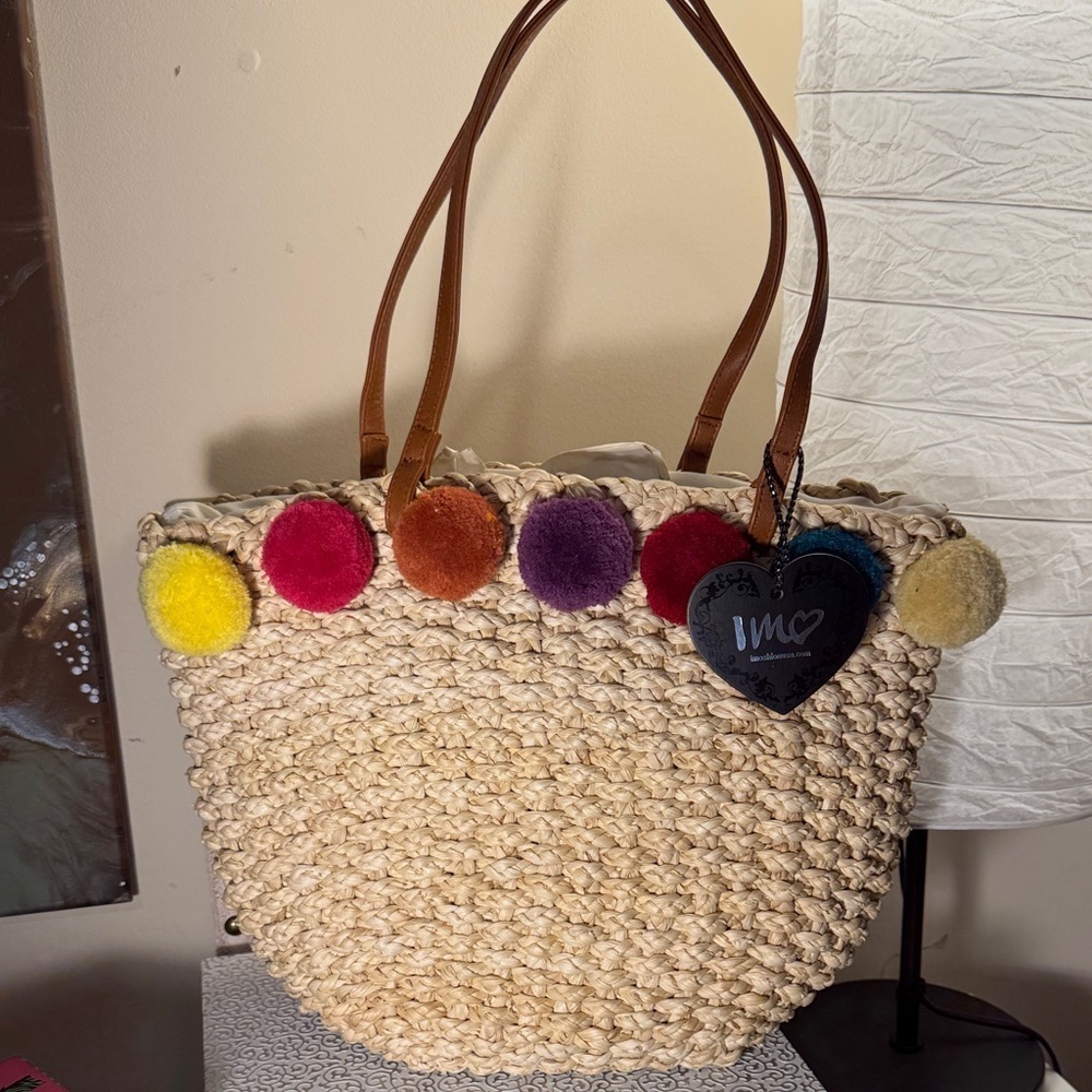 Woven Straw Tote Bag with Colorful Pom Poms NWT - Picture 1 of 6